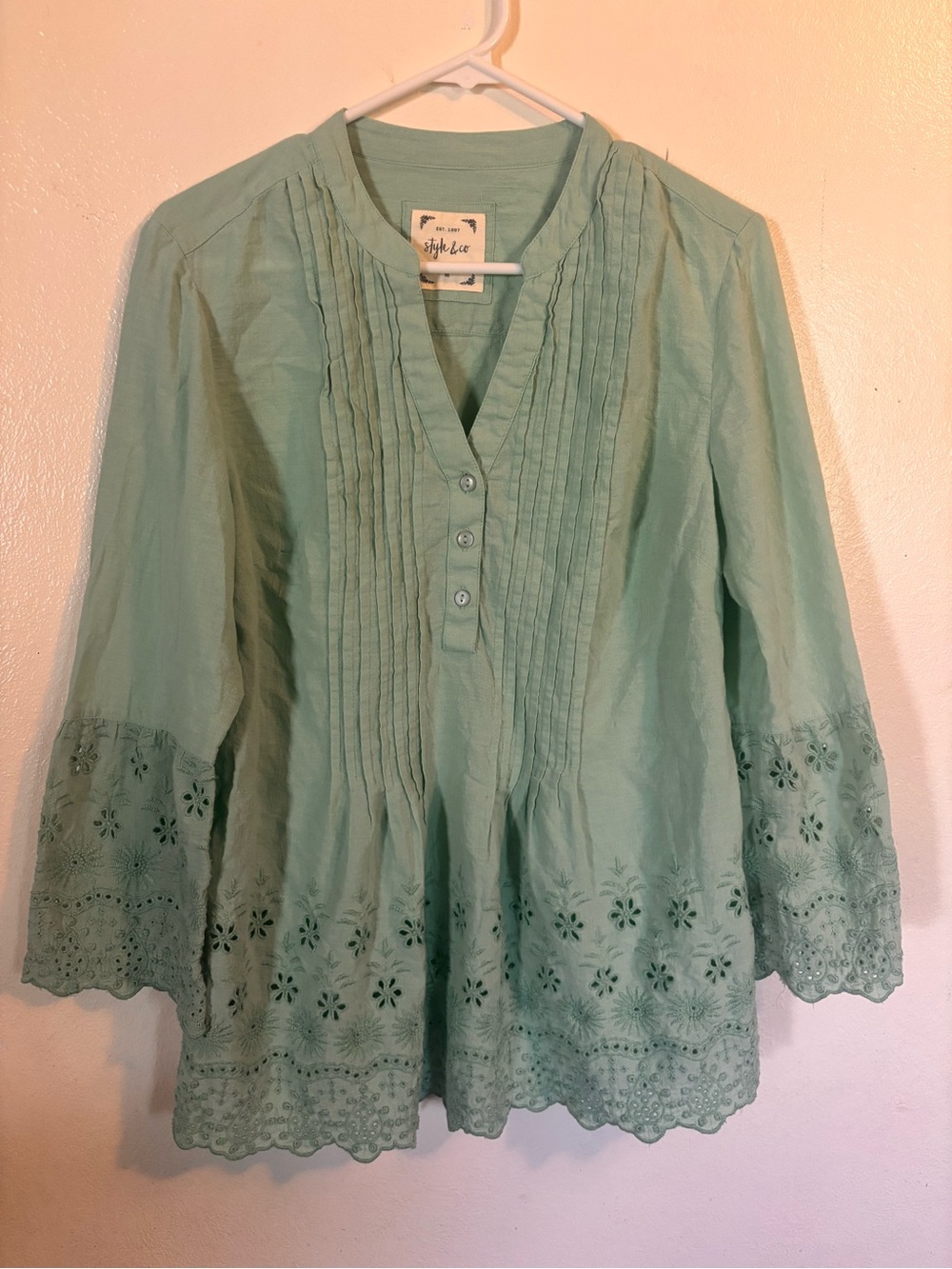 Style & Co. Mint Green Eyelet Pintuck Tunic